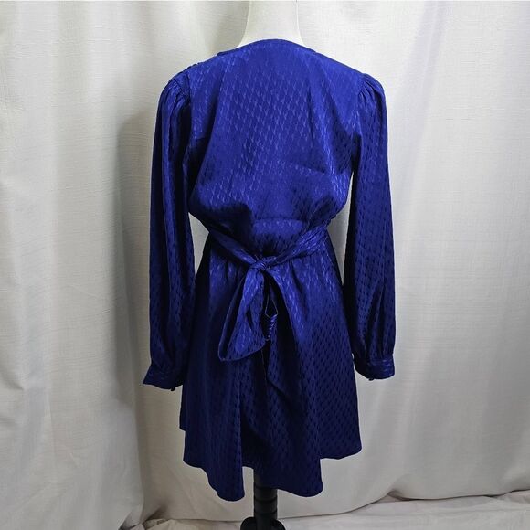 Express Royal Blue Jacquard Satin Tie Waist  Long Sleeve Mini Dress Size Small - Picture 10 of 13